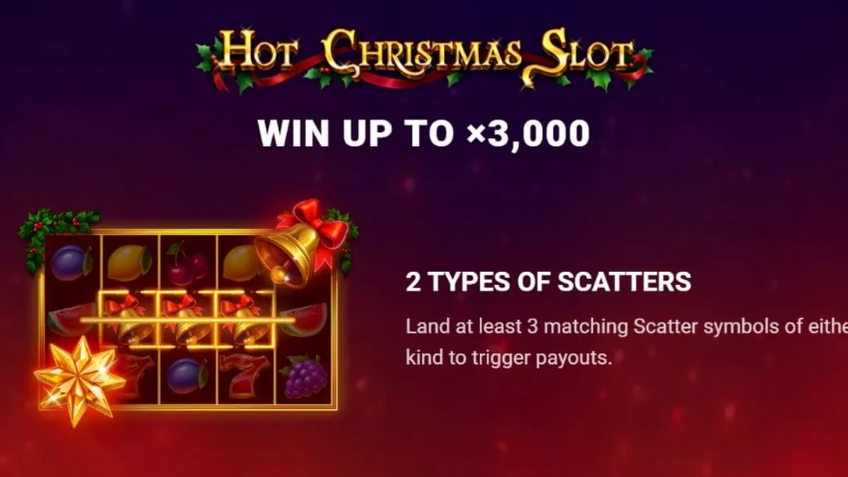 Tampilan visual mesin slot Hot Christmas dengan simbol buah dan dekorasi liburan