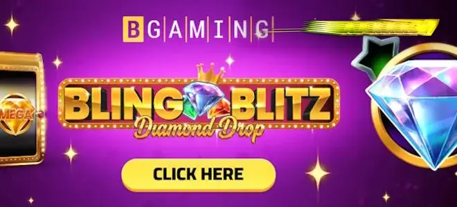 Tampilan layar permainan slot Bling Blitz Diamond Drop dengan latar belakang gelap dan simbol berlian.